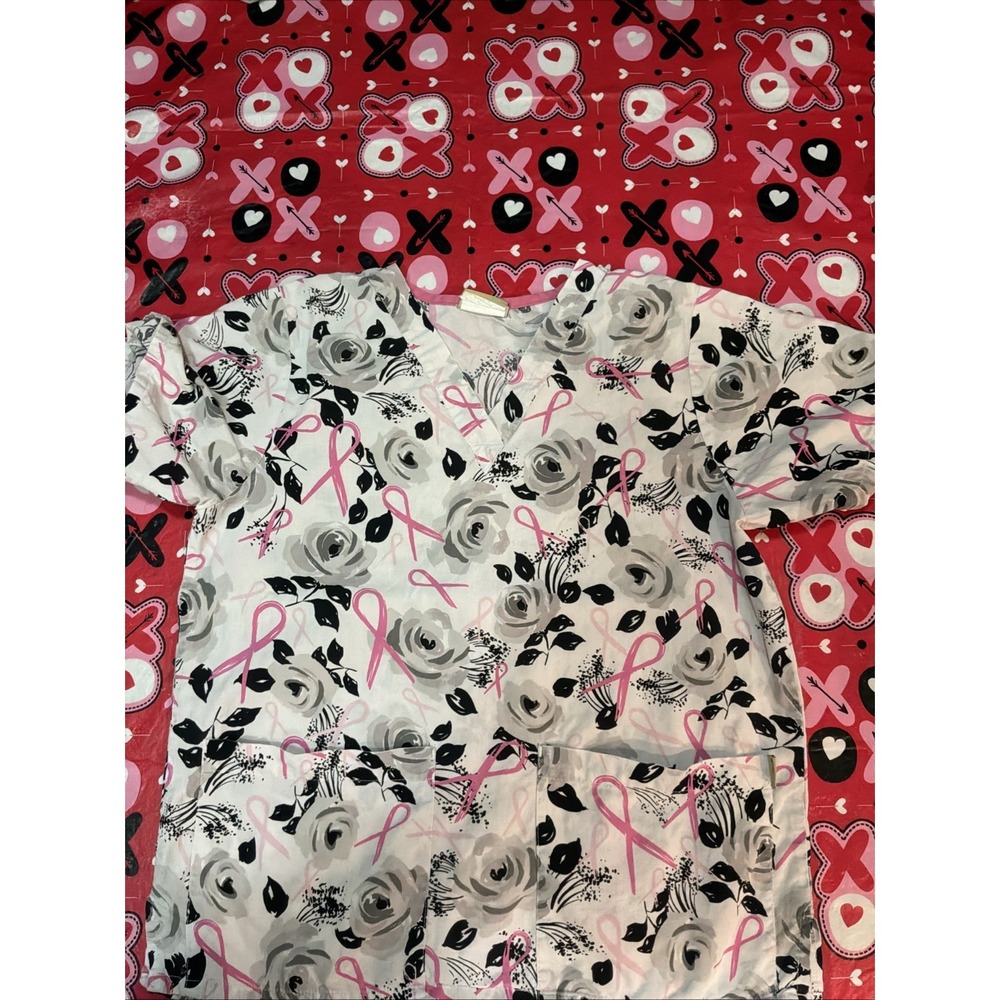 TAFFORD Scrub Top Women Size‎ S Pink Ribbons & Gray Roses V-Neck Cotton Pullover
